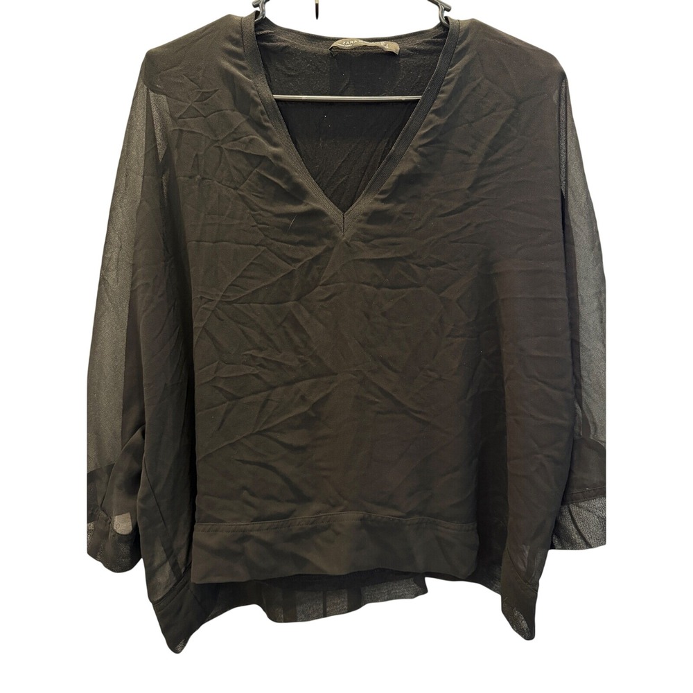 Zara Woman Black Layered V-Neck Blouse Sheer Sleeves Mixed Media Top Small